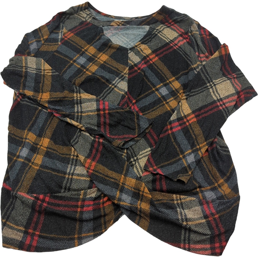 Maurices 24/7 Plaid Twist Front Long Sleeve Top Black Red Yellow Size 2